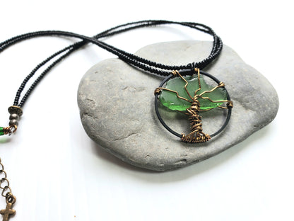 Tree of Life Beach Glass Pendant Necklace