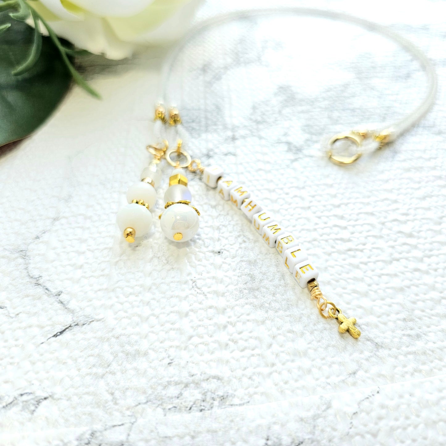 Soft White and Gold Beaded Bible Bookmark