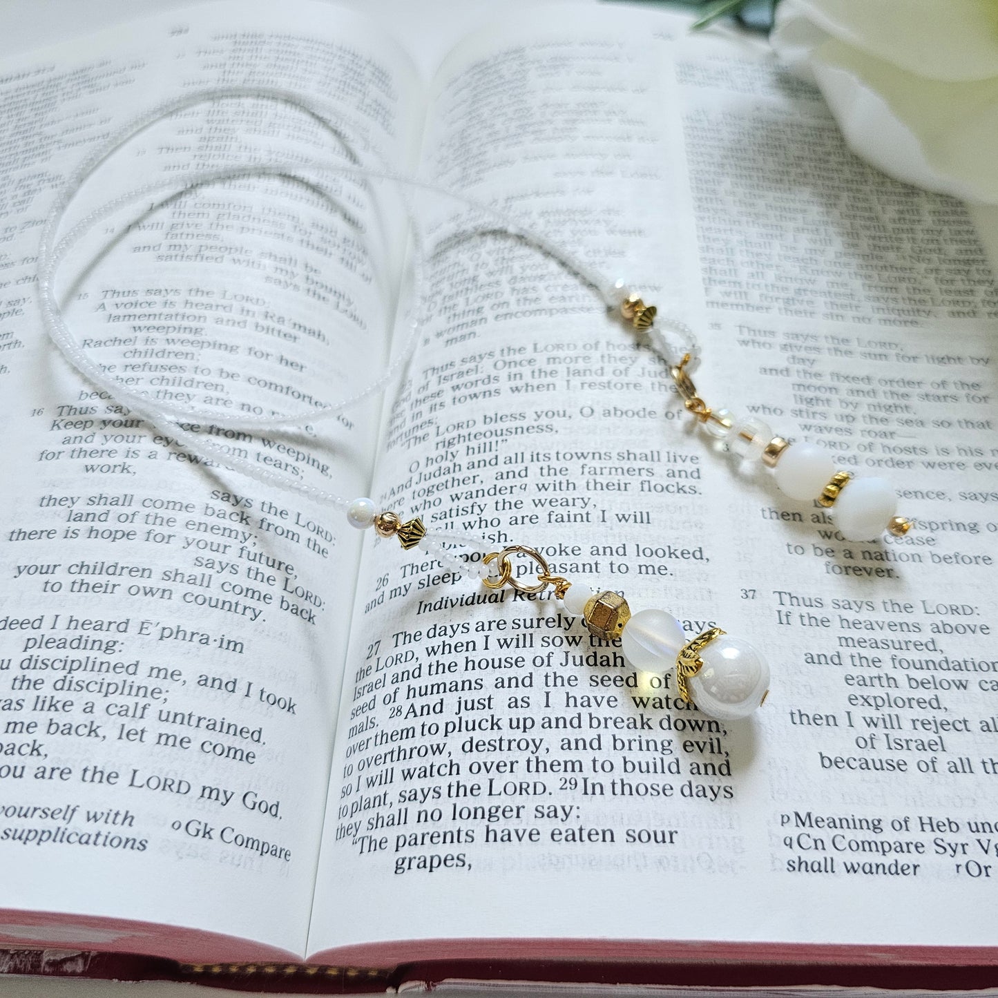 Soft White and Gold Beaded Bible Bookmark