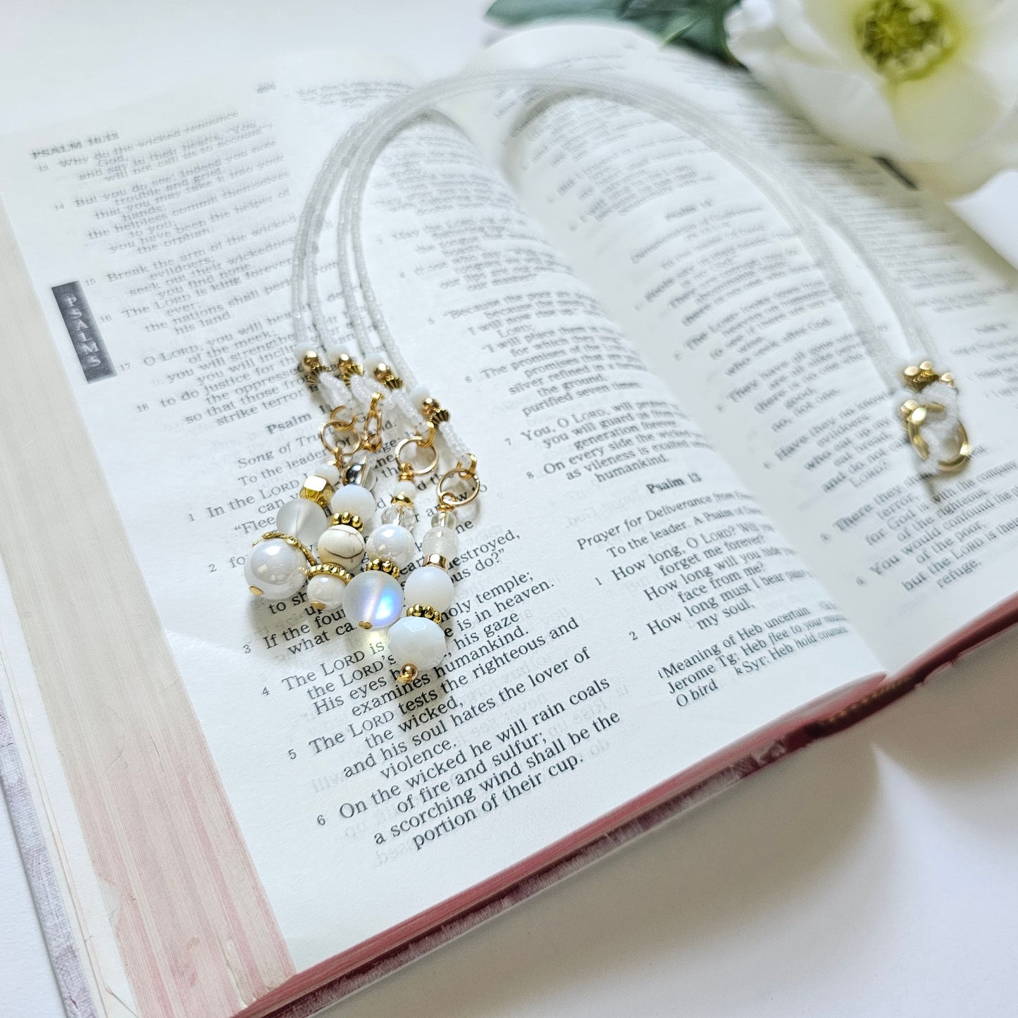 Soft White and Gold Beaded Bible Bookmark
