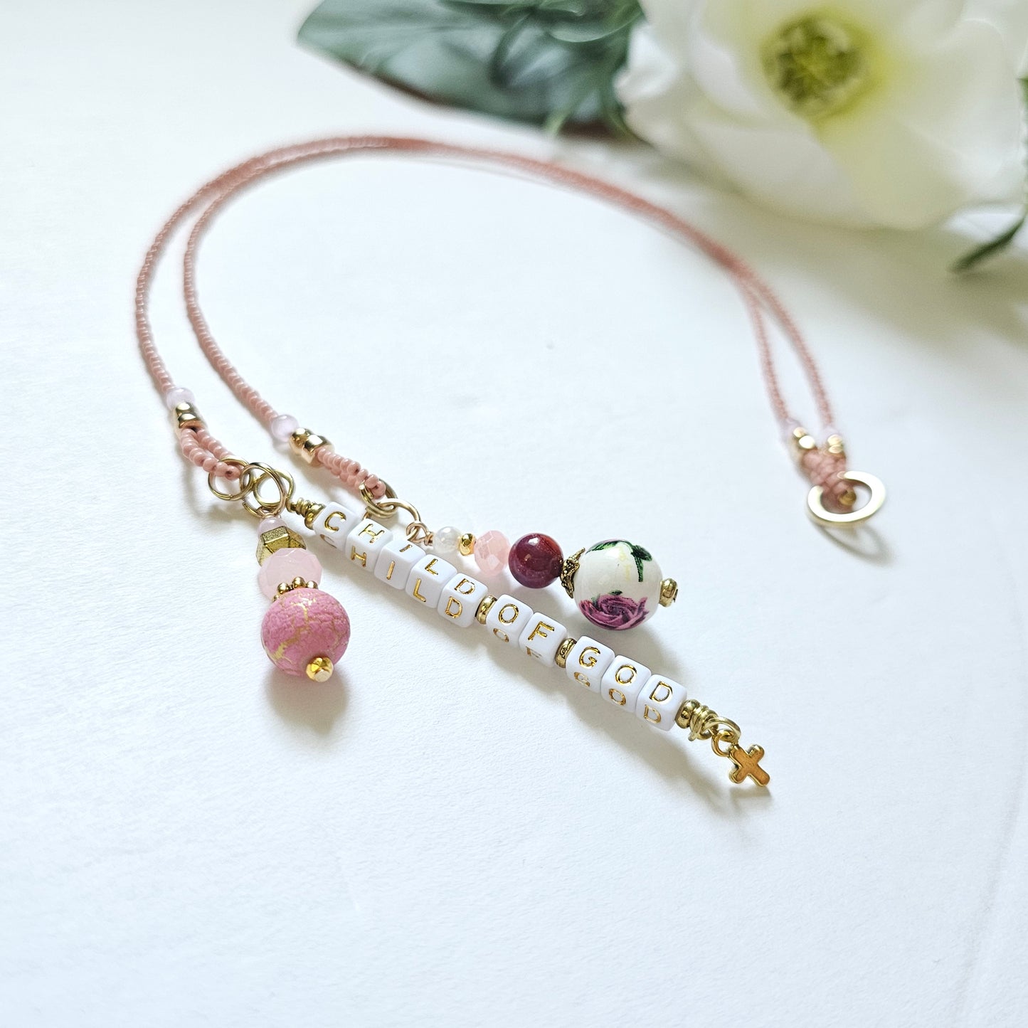 Pink and Gold Beaded Bible Bookmark