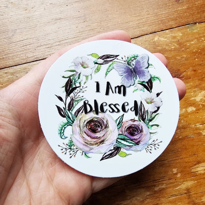 I Am Blessed Round Vinyl sticker decal purple flowers