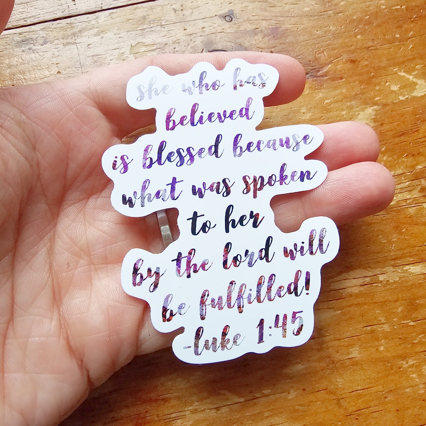 Luke 1:45 Vinyl sticker - waterproof decal for tumbler, laptop cover, notebook, Bible journal - feminine purple script font, Retreat gift
