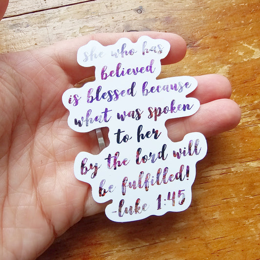 Luke 1:45 Vinyl sticker - waterproof decal for tumbler, laptop cover, notebook, Bible journal - feminine purple script font, Retreat gift