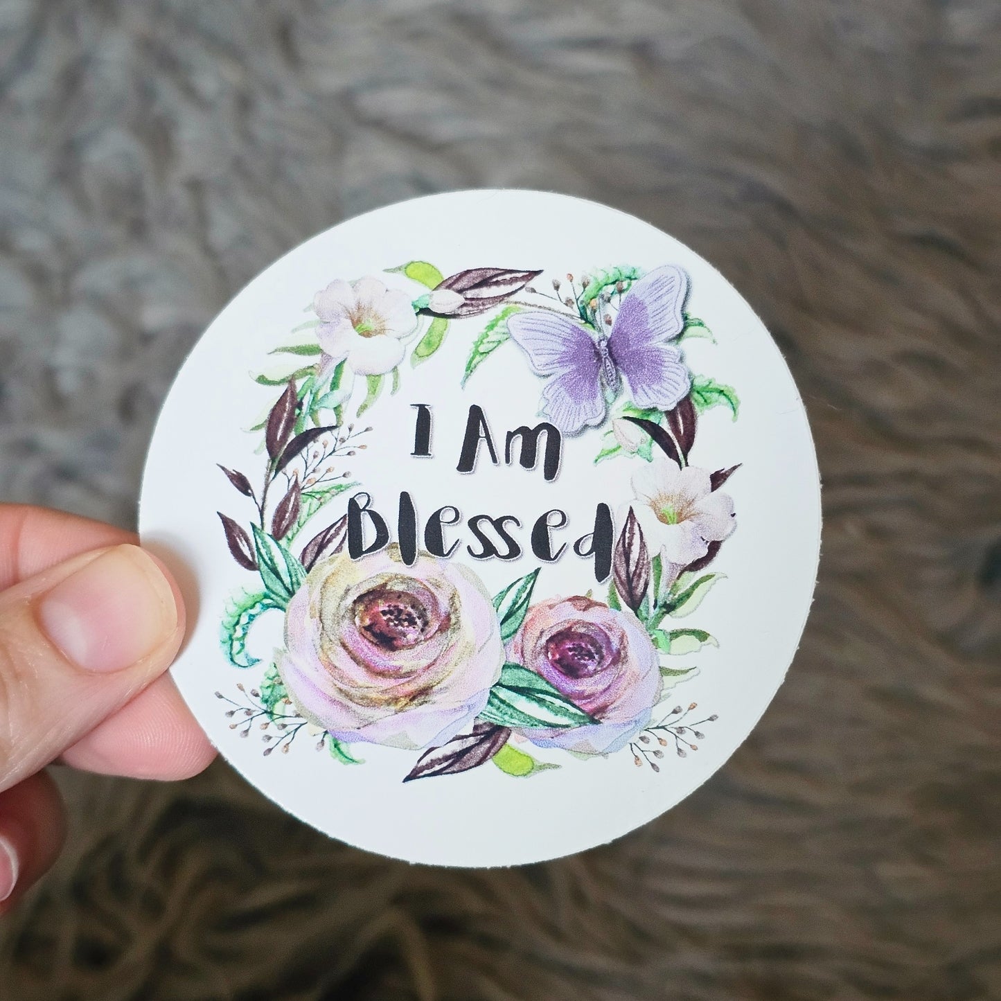 I Am Blessed Round Vinyl sticker decal purple flowers