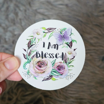I Am Blessed Round Vinyl sticker decal purple flowers