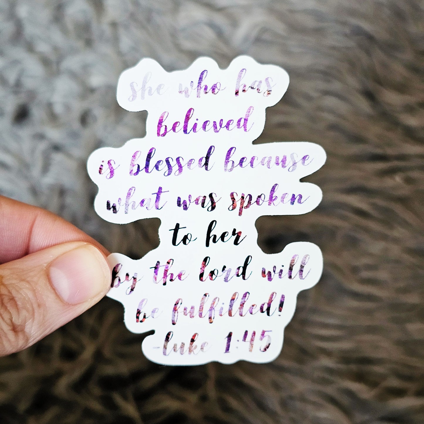 Luke 1:45 Vinyl sticker - waterproof decal for tumbler, laptop cover, notebook, Bible journal - feminine purple script font, Retreat gift