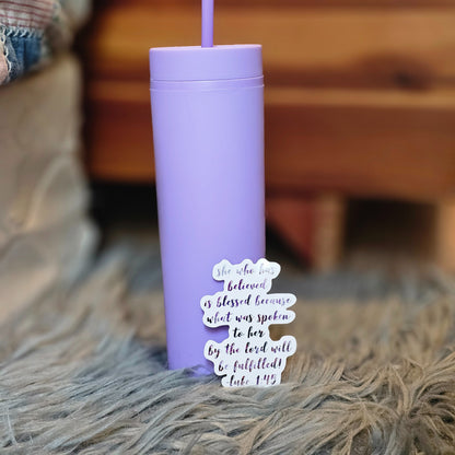 Luke 1:45 Vinyl sticker - waterproof decal for tumbler, laptop cover, notebook, Bible journal - feminine purple script font, Retreat gift