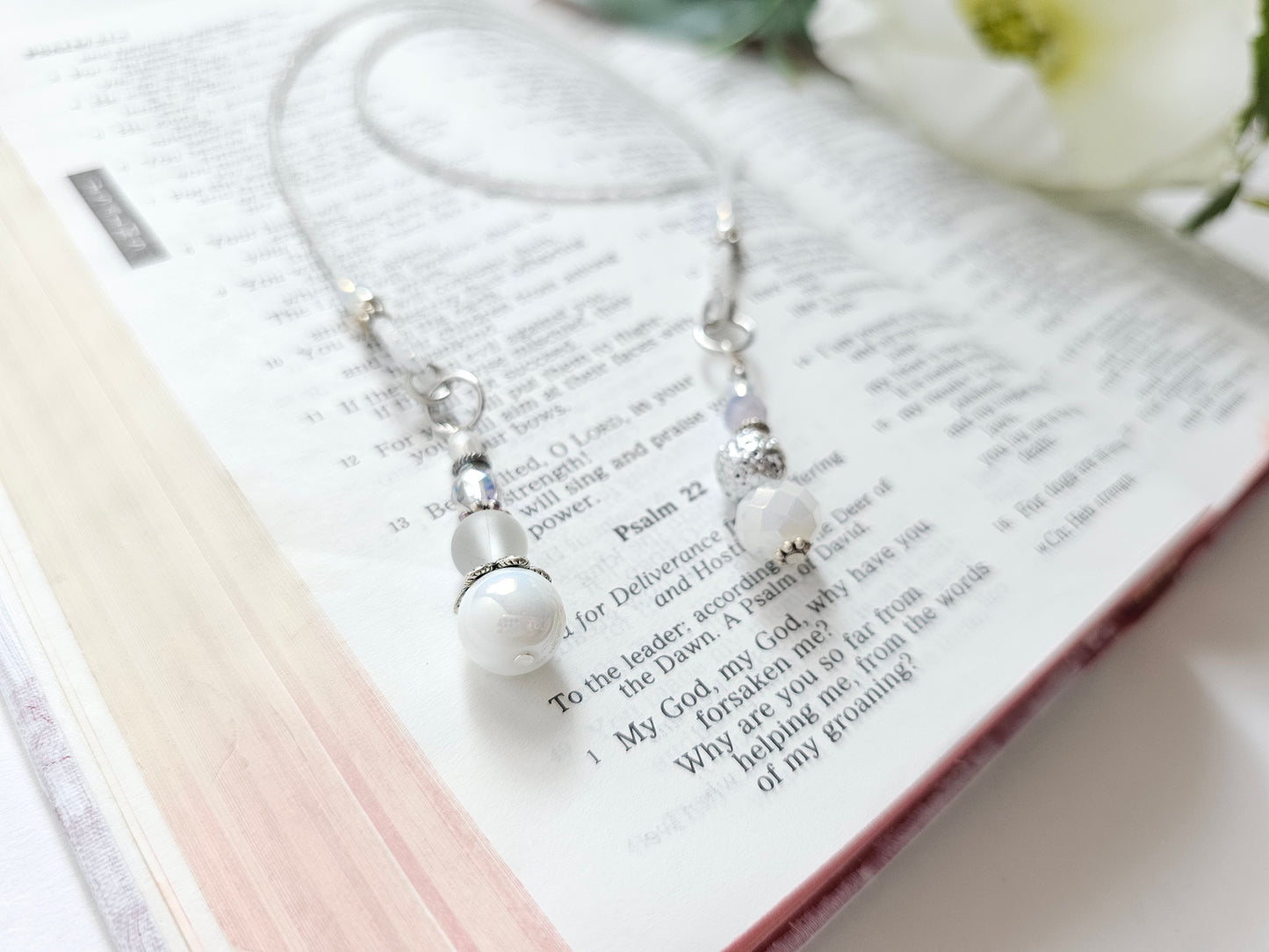 Soft White and Silver Beaded Bible Bookmark