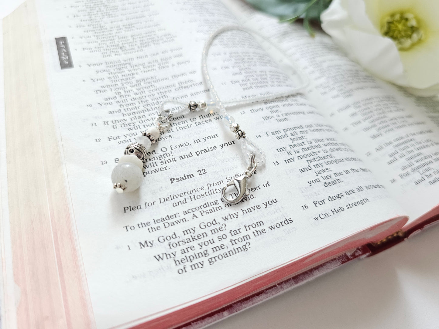 Soft White and Silver Beaded Bible Bookmark