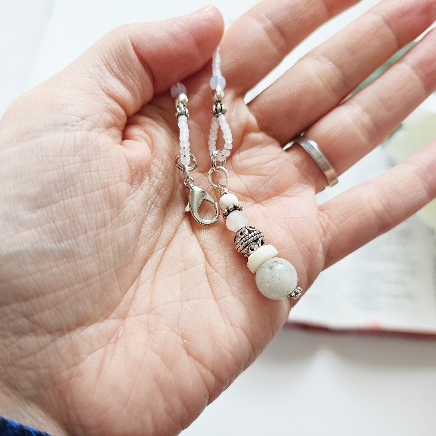 Soft White and Silver Beaded Bible Bookmark