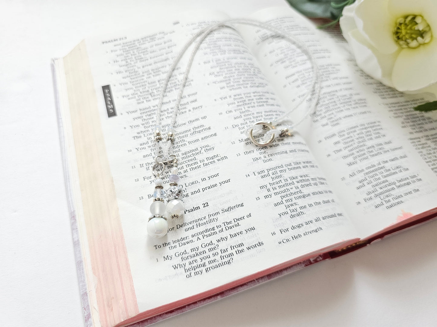 Soft White and Silver Beaded Bible Bookmark