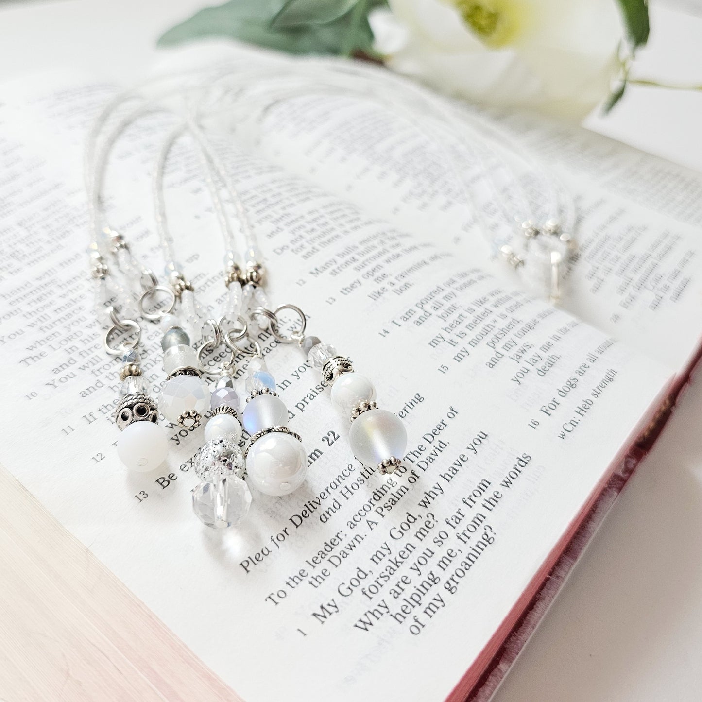 Soft White and Silver Beaded Bible Bookmark