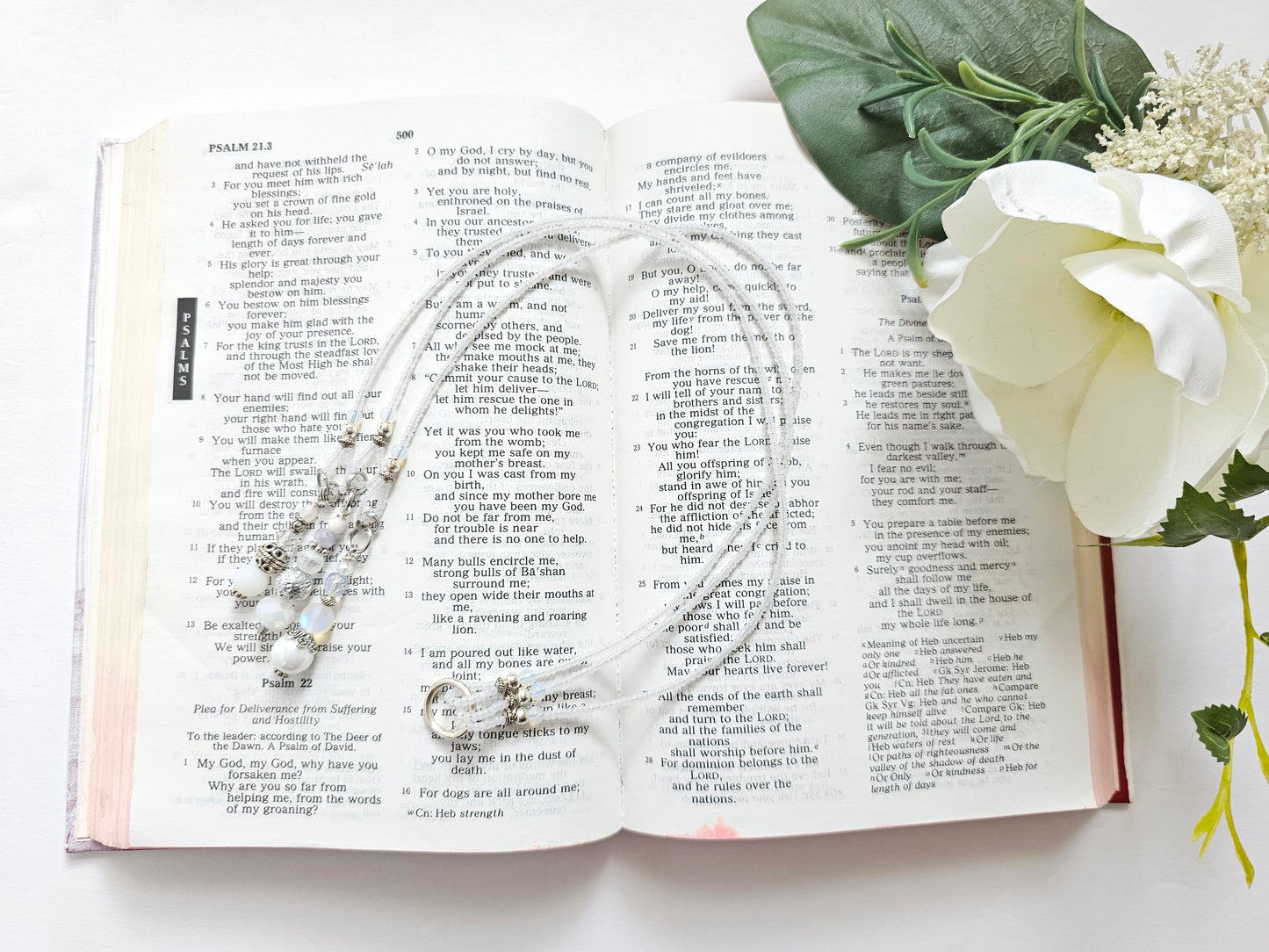Soft White and Silver Beaded Bible Bookmark
