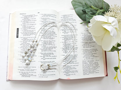 Soft White and Silver Beaded Bible Bookmark