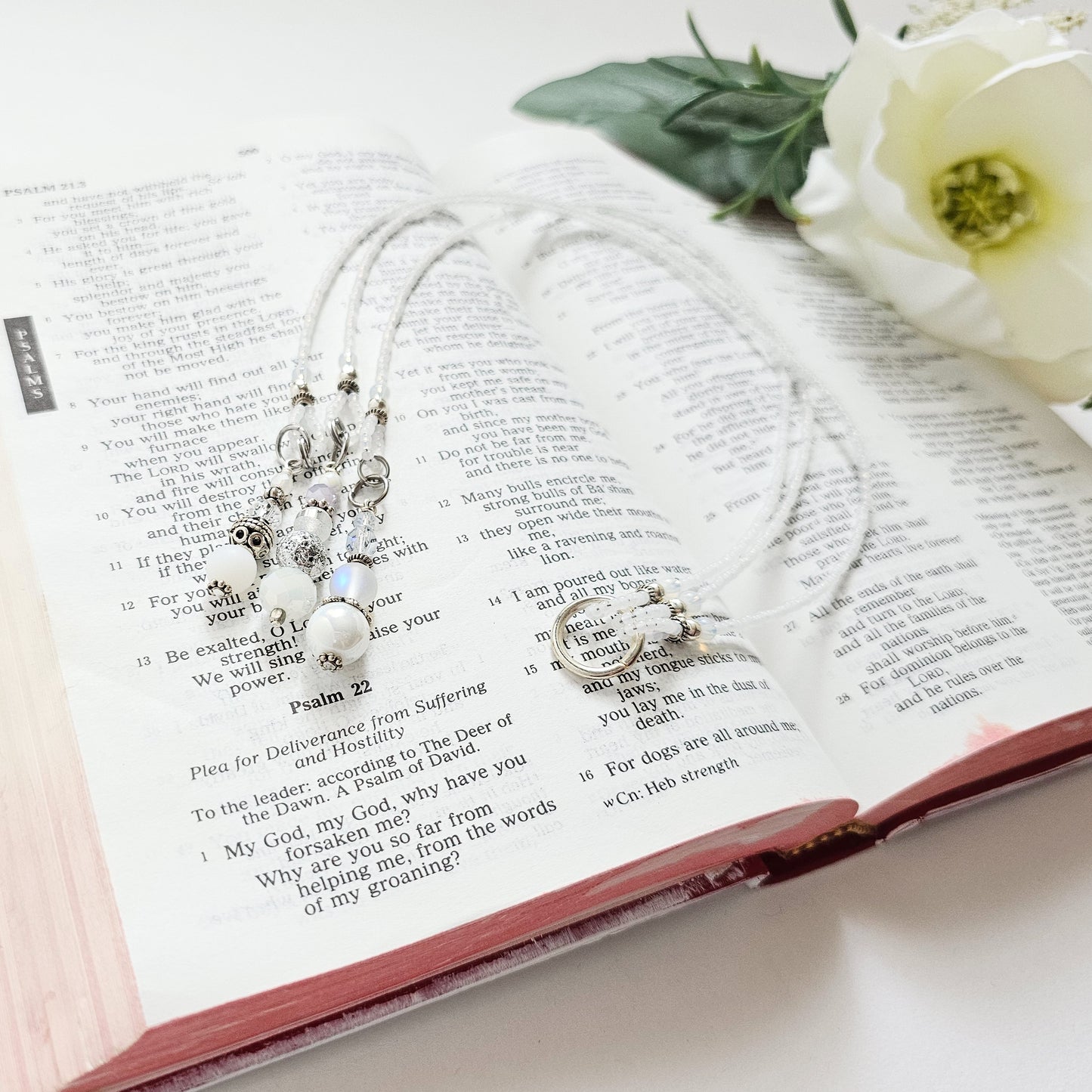 Soft White and Silver Beaded Bible Bookmark