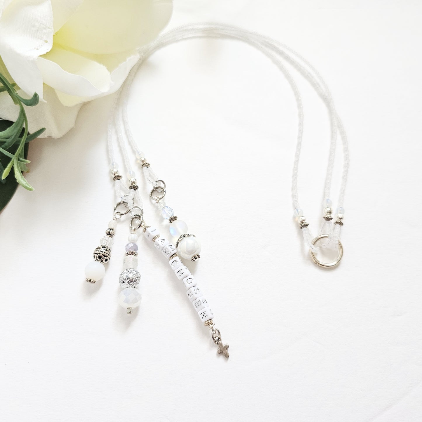Soft White and Silver Beaded Bible Bookmark