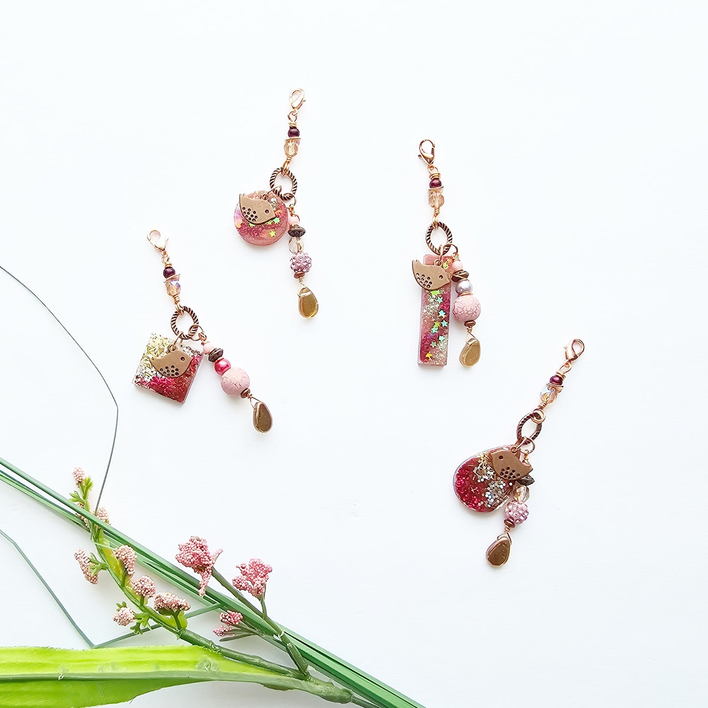 Copper Bird and Pink Resin Clip-On Charm for womens purse or bookmark