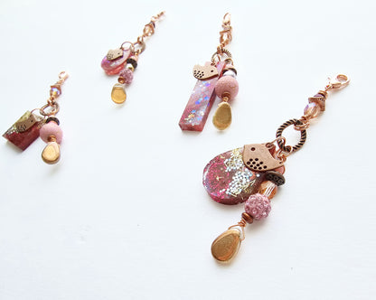 Copper Bird and Pink Resin Clip-On Charm for womens purse or bookmark