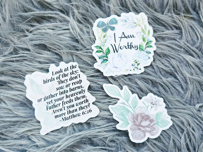 Bible Verse Worthy Vinyl Sticker - feminine Matthew 6:26 for women