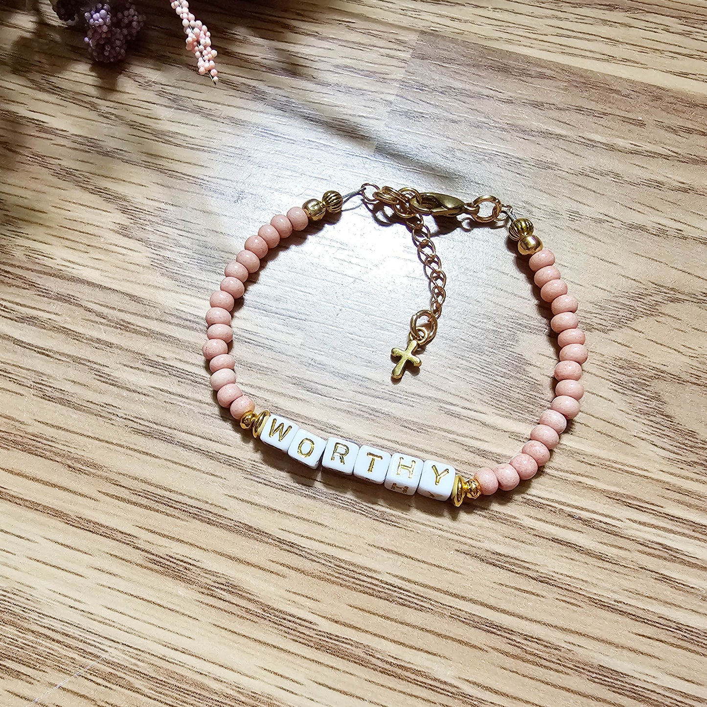 Pink and Gold Single Strand Word bracelet
