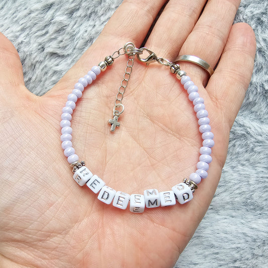 Lilac and Silver Single Strand Identity Word Stackable Bracelet for women