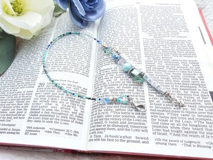 Beaded Bible half-strand Bookmark Clip-on charm - The Living Water - Blue and silver bible accessories