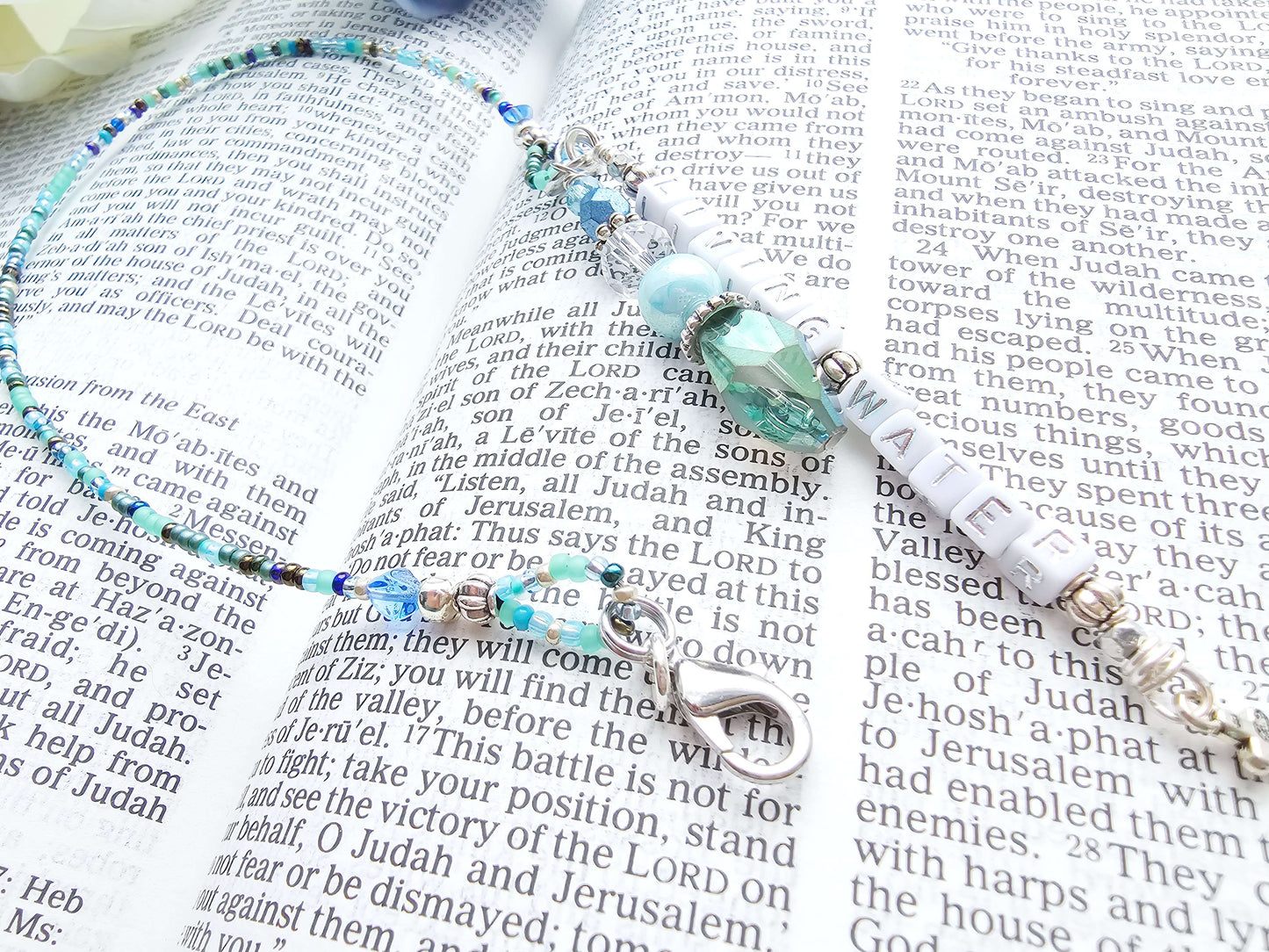 Beaded Bible half-strand Bookmark Clip-on charm - The Living Water - Blue and silver bible accessories