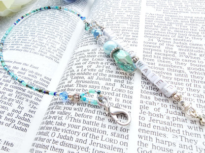 Beaded Bible half-strand Bookmark Clip-on charm - The Living Water - Blue and silver bible accessories