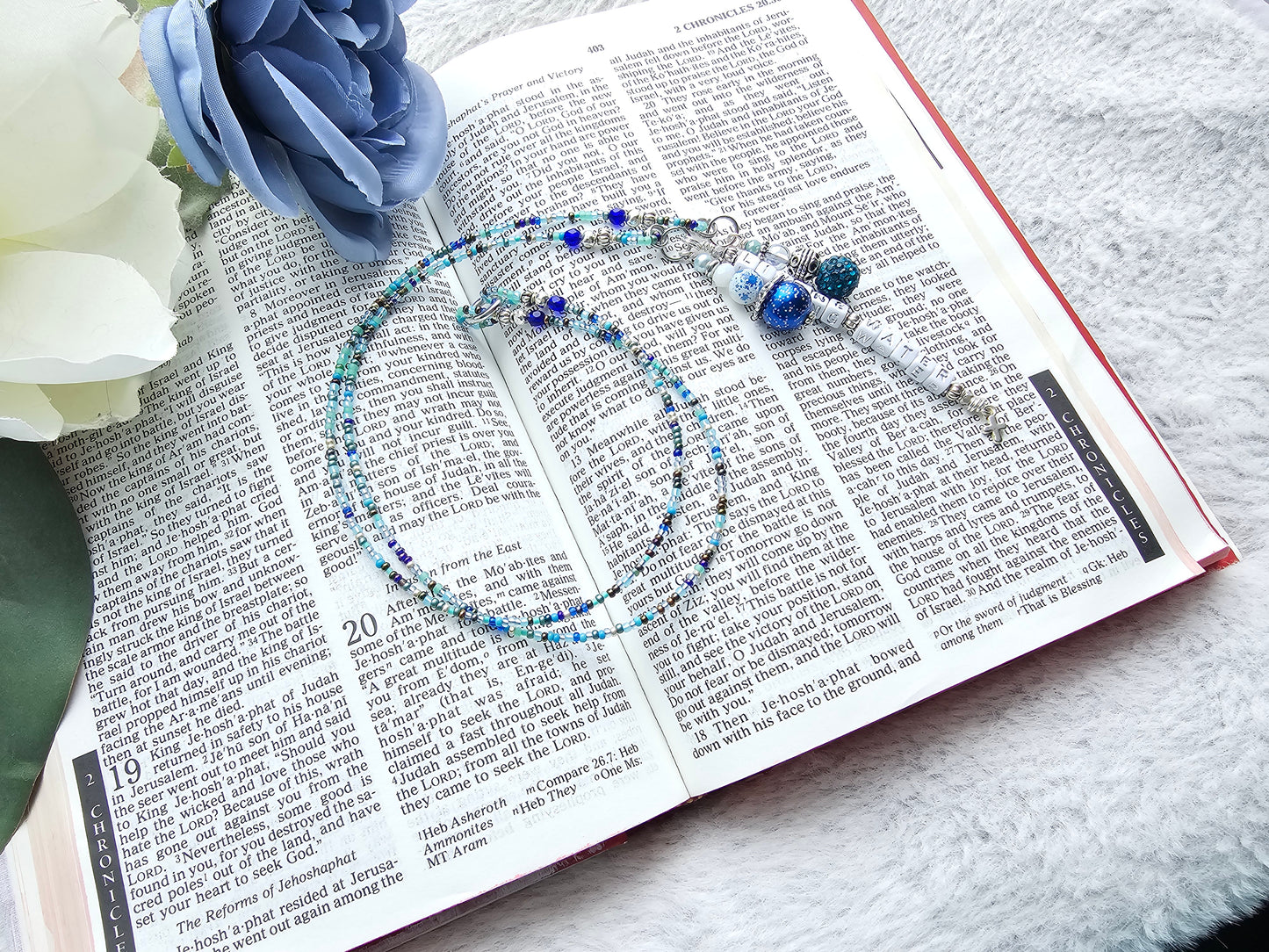 Beaded Bible 2 strand Bookmark - The Living Water - Blue and silver bible accessories