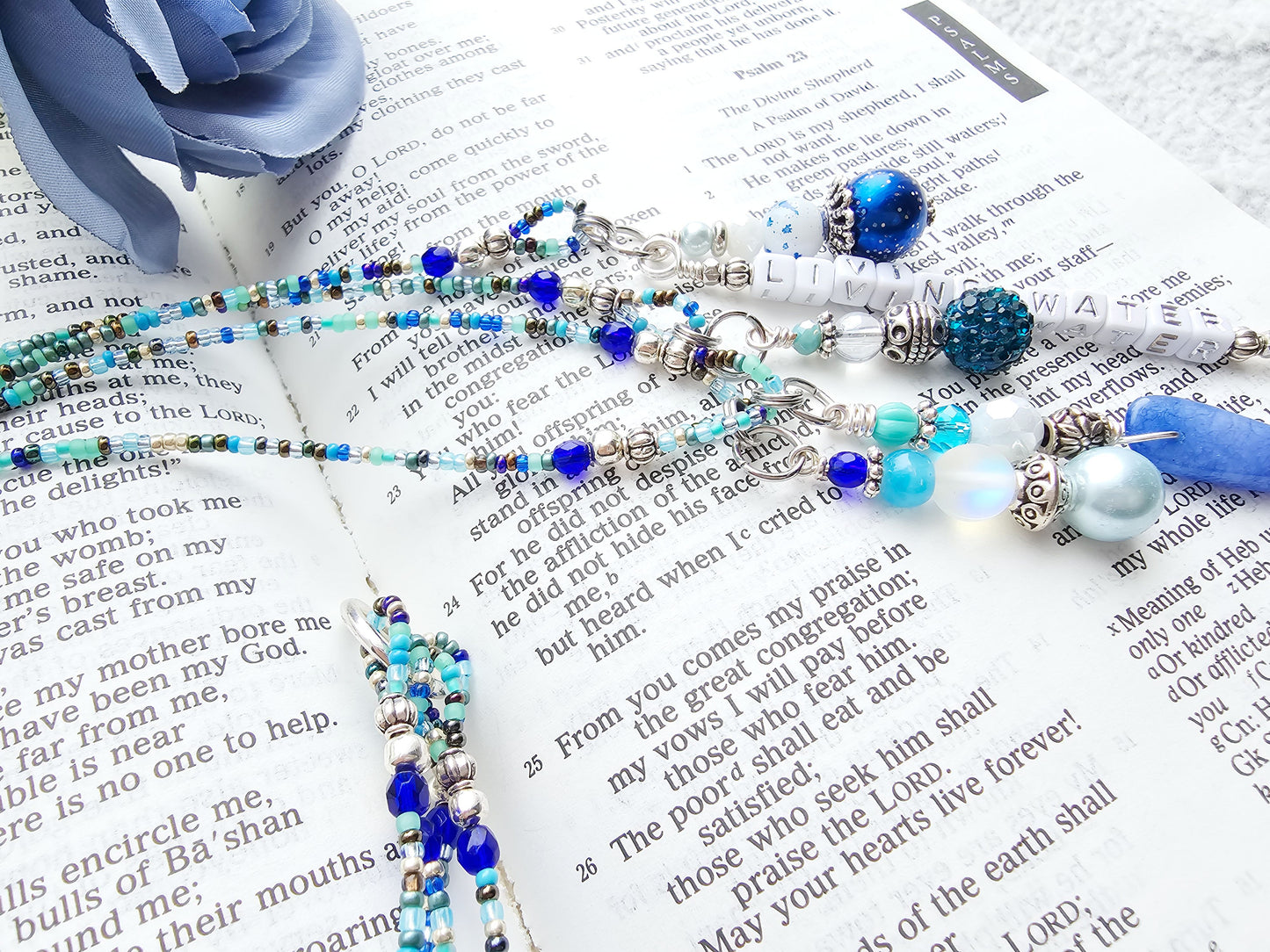 Beaded Bible 4 strand Bookmark - The Living Water - Blue and silver bible accessories