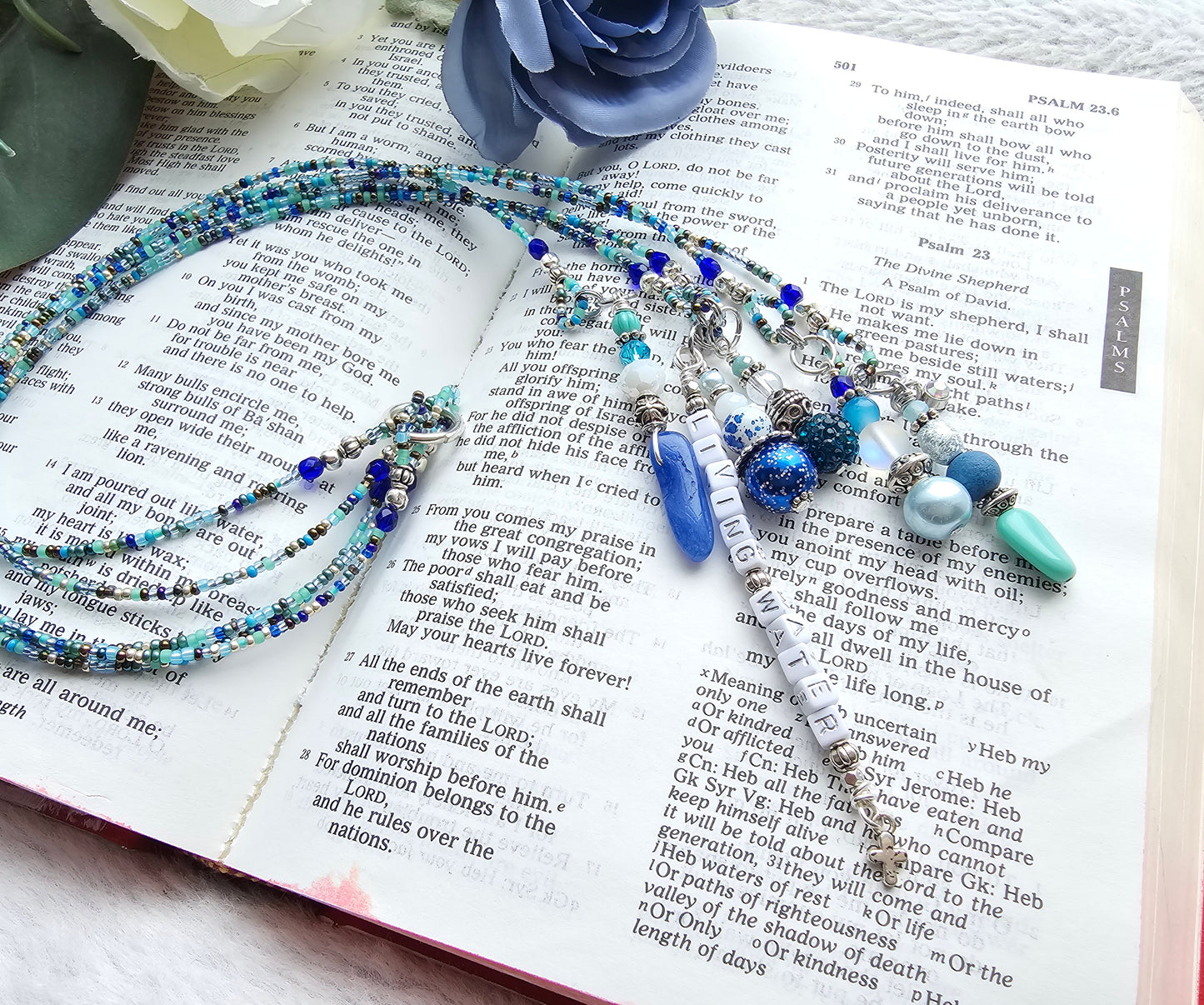 Beaded Bible 5 strand Bookmark - The Living Water - Blue and silver bible accessories