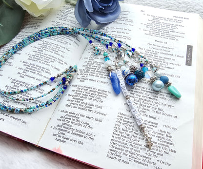 Beaded Bible 5 strand Bookmark - The Living Water - Blue and silver bible accessories
