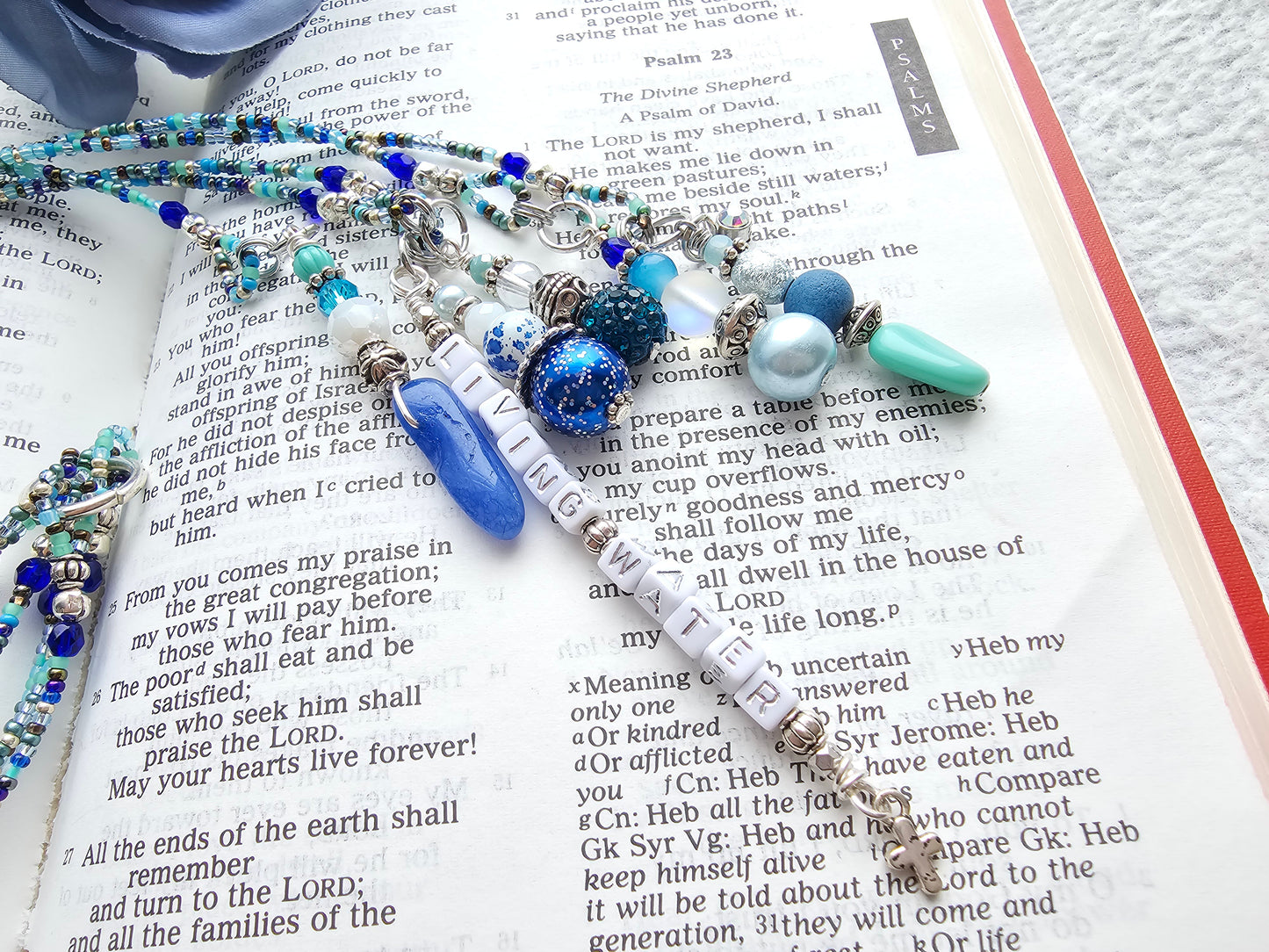 Beaded Bible 5 strand Bookmark - The Living Water - Blue and silver bible accessories