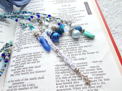 Beaded Bible 5 strand Bookmark - The Living Water - Blue and silver bible accessories
