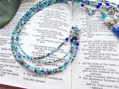 Beaded Bible 5 strand Bookmark - The Living Water - Blue and silver bible accessories