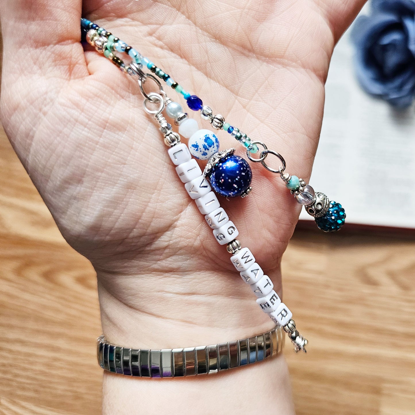 Beaded Bible Single strand Bookmark - The Living Water - Blue and silver bible accessories