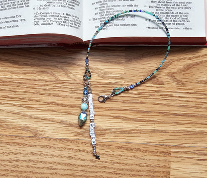 Beaded Bible half-strand Bookmark Clip-on charm - The Living Water - Blue and silver bible accessories