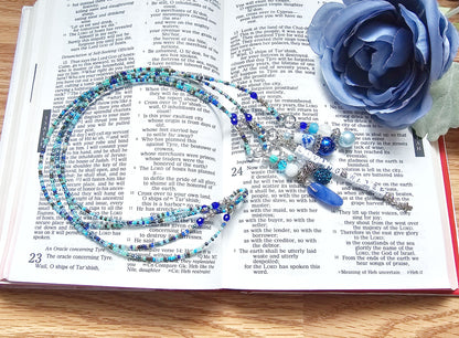 Beaded Bible 4 strand Bookmark - The Living Water - Blue and silver bible accessories