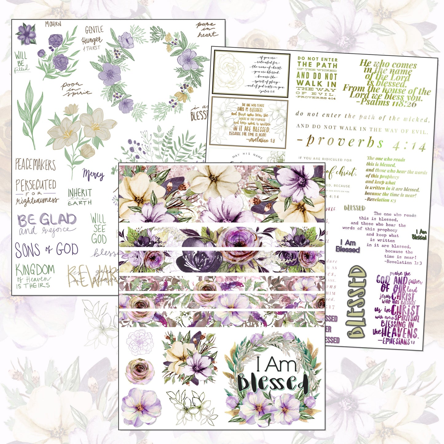 I Am Blessed Digital Study Sticker Kit, instant download bible floral watercolor stickers, printable sticker sheets for Christian women