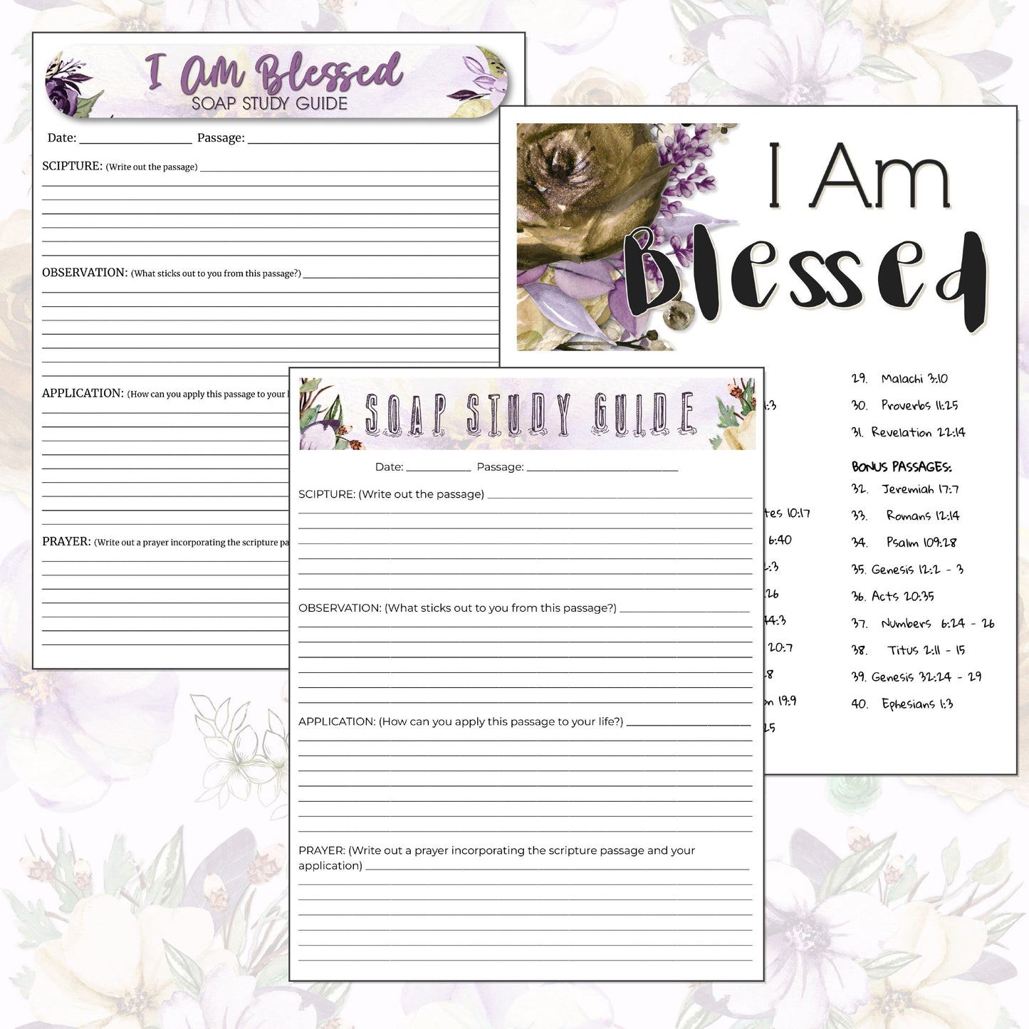 I Am Blessed Digital Study Sticker Kit, instant download bible floral watercolor stickers, printable sticker sheets for Christian women