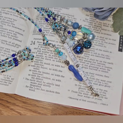 Beaded Bible 5 strand Bookmark - The Living Water - Blue and silver bible accessories