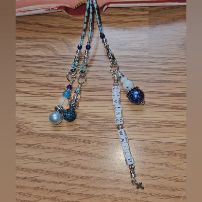 Beaded Bible 3 strand Bookmark - The Living Water - Blue and silver bible accessories